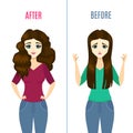 Straightening Hair Concept Ad Poster Card with Girl. Vector