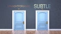 Straightforward and subtle as a choice - pictured as words Straightforward, subtle on doors to show that Straightforward and