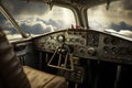 A straightforward view of the airplanes cockpit, showcasing the essential components and instruments., Vintage open cockpit