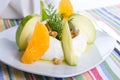 Strained Yogurt Labneh Citrus Salad Garnished with Dill and Walnuts served with oil