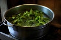 straining nettle leaves from boiling water