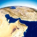 Strait of Hormuz. Map of the Middle East, Persian Gulf. Satellite view of Iran, United Arab Emirates, Qatar, Bahrain Royalty Free Stock Photo