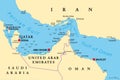 Strait of Hormuz, waterway between Persian Gulf and Gulf of Oman, map Royalty Free Stock Photo