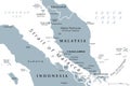 Strait of Malacca, a main shipping channel and lane, gray political map