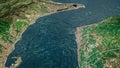 Strait of Messina, satellite view of the Strait. Sicilian and Calabra coast. Messina and Reggio Calabria. Bridge project