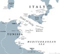 Strait of Sicily, also called Sicilian Channel, gray political map