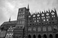 Stralsund, Germany  24 June 2021,  Black and white photo of the famous town hall of Stralsund with the St. Nikolai church Royalty Free Stock Photo