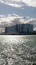 MV Werften Stralsund, german shipyard, shot taken from sea, with copy space