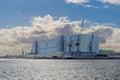 MV Werften Stralsund, german shipyard, shot taken from sea, with copy space