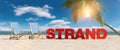 Strand German for: beach concept with slogan on the beach with deckchairs, Palm tree and blue sky