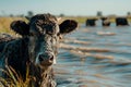 Stranded livestock cows sheeps seeking refuge, floodwaters inundate rural farmland, highlighting the impact of flooding