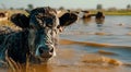 Stranded livestock cows sheeps seeking refuge, floodwaters inundate rural farmland, highlighting the impact of flooding