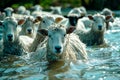 Stranded livestock sheeps seeking refuge, floodwaters inundate rural farmland, highlighting the impact of flooding on