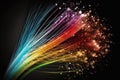 Strands of glowing fiber optics forming a vibrant rainbow of light against a dark setting