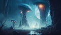 Strange alien fungi world with giant glowing mushrooms growing in the blue hazy valley. Generative AI Royalty Free Stock Photo