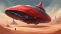 A strange and alien spaceship with a red and black hull and spikes. The ship has a cone-like shape