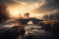 Strange Castle, sitting alone in a dreamy landscape setting. With warm sun rays breaking through the mist. - ai generated art