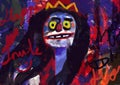 Strange clown king with eyes wide open, mix-media on wall concept art, grunge art and graffiti painting. Joyful oil painting with