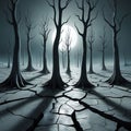 A Surreal, Cracked Landscape with Distorted Trees and Alien-Shaped Shadows Under Cold, Unnatural Light Royalty Free Stock Photo