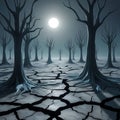 A Surreal, Cracked Landscape with Distorted Trees and Alien-Shaped Shadows Under Cold, Unnatural Light Royalty Free Stock Photo