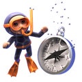 Strange 3d cartoon of scuba snorkel diver looking at a magnetic compass sink to the ocean floor, 3d illustration Royalty Free Stock Photo