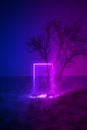 Strange fluorescent light layout with glowing neon frame,door and smoke on vibrant sea background.Copy space for poster, banner, i