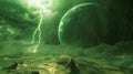 A strange green alien planet with green lightnings over it