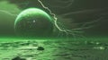 A strange green alien planet with green lightnings over it