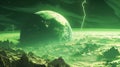 A strange green alien planet with green lightnings over it