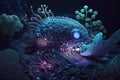 Strange imaginary animal underwater, with shell and tentacles, bioluminescence effect, on underwater background, AI generative