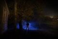 strange light in a dark forest at night. Silhouette of person standing in the dark forest with light. Horror halloween concept. Royalty Free Stock Photo