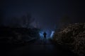 strange light in a dark forest at night. Silhouette of person standing in the dark forest with light. Horror halloween concept. Royalty Free Stock Photo