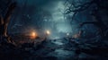 Strange lights and blue mist in scary dark forest at Halloween night Royalty Free Stock Photo