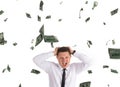 Strange man uder rain of dollars Royalty Free Stock Photo