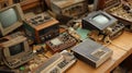 strange old used things placed on wooden desk Royalty Free Stock Photo