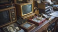 strange old used things placed on wooden desk Royalty Free Stock Photo