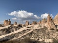 Strange rock formations, such as camel-like features, are located at Cappadocia Tukey. Royalty Free Stock Photo