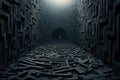 Strange scary dark room with stone floor and walls as maze, spooky gloomy underground hall. Creepy surreal dungeon like in horror