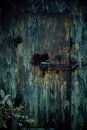 Strange scary dark rusty iron closed mystical mysterious old basement door with deadbolt lock, horror background with grunge metal