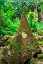 Strange sculpture in the shape of triangle in the magical garden tropical forest at Koh Samui. Thailand