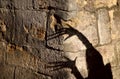 Strange shadow of two hands on an old stone wall. Black shadow, female hand