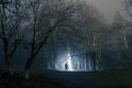 Strange silhouette in a dark spooky forest at night, mystical landscape surreal lights with creepy man