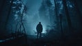 Strange silhouette in a dark spooky forest at night, mystical landscape surreal lights with creepy man. Horror concept Royalty Free Stock Photo