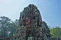 Strange statues at the top of the temple. In the clear sky, huge human faces Royalty Free Stock Photo