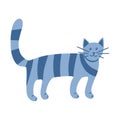 Strange striped cat in Doodle style. The pet stands on all fours. Animal. A simple, cute hand-drawn drawing. Isolated on a white