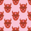 Strange ugly devil faces. Vector clipart Valentine seamless pattern. Red devils. EPS and JPG illustration. Funky doodle Royalty Free Stock Photo