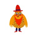 Strange ugly yellow bird cowboy. Halloween characters. Cute bizarre comic characters in modern flat hand drawn style