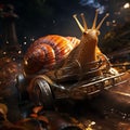 Strange unusual car in shape of snail with shell driving through city at night