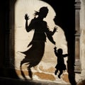 Strange, unusual shadow of woman and child on wall, ghost of a woman and child