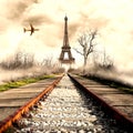 Strange view of Eiffel Tower with airplane Royalty Free Stock Photo